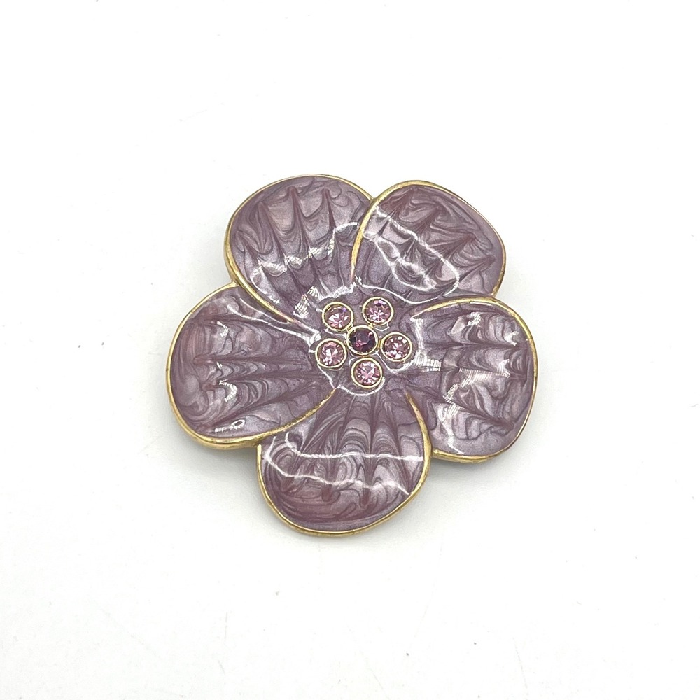 Vintage Purple Marbled Enamel Flower Brooch Pink Rhinestone Gold Tone Pin‎ 2"